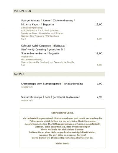 VORSPEISEN Spargel tonnato l Rauke l Zitronendressing l frittierte Kapern l Baguette 12,90 Getränkeempfehlung: VDP.GUTSWEIN P.+ P. Weiß (trocken) Sauvignon Blanc, Muskateller und Rivaner Weingut Graf Neipperg (Württemberg 0,2 l 8,90 Kohlrabi-Apfel-Carpaccio l Blattsalat l Senf-Honig-Dressing l gebeiztes Ei l Sonnenblumenkerne l Baguette 11,90 vegetarisch Getränkeempfehlung: Sherry Manzanilla (trocken) von Fernando de Castilla 5 cl 5,90 SUPPEN Cremesuppe vom Stangenspargel l Rhabarbersalsa 7,90 vegetarisch Spinatrahmsuppe l Feta l gerösteter Buchweizen 7,90 vegetarisch Sehr geehrte Gäste, da Umbestellungen aktuell überhandnehmen und damit verbunden die Fehlerquote steigt, bitten wir darum, keine Gerichte eigens zusammenzustellen. Die Sättigungsbeilage darf gerne ausgetauscht werden. Bitte beachten Sie, dass Umbestellungen einen Aufpreis mit sich ziehen können. Sollten Sie an einer Nahrungsmittelunverträglichkeit leiden, wenden Sie sich bitte an unseren Service! Gerne bieten wir Ihnen entsprechende Alternativen an. Vielen Dank!